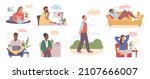 Set of dreaming characters, thoughtful smiling people flat cartoon set. Vector male and female study and relax at home, walk in park with dreamy thought bubble. Young men women working in office