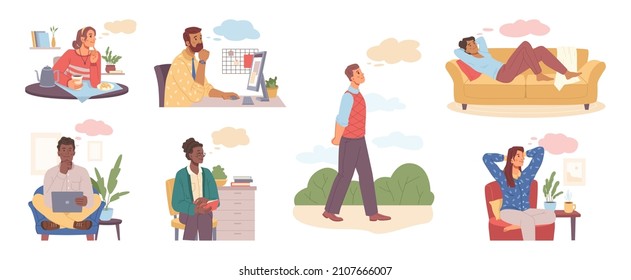 Set of dreaming characters, thoughtful smiling people flat cartoon set. Vector male and female study and relax at home, walk in park with dreamy thought bubble. Young men women working in office