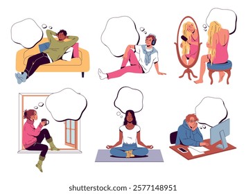 Set dreaming people. Men and women think, empty speech bubble, characters with thought cloud, person imagination, adult daydreaming, inspiration cartoon flat style isolated vector set