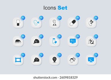 Set Dreams, Earplugs and ear, Pillow, Moon stars, Sleepy, Table lamp and Sleeping pill icon. Vector