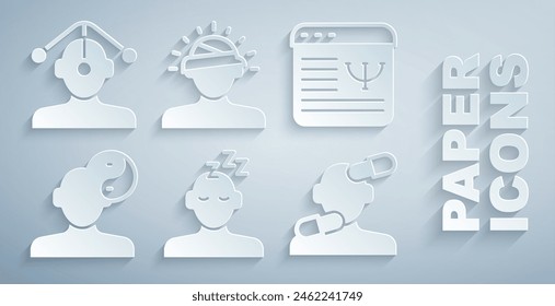 Set Dreams, Online psychological counseling, Yin Yang symbol, Sedative pills, Concussion, headache and Hypnosis icon. Vector