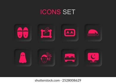 Set Dreams, Pillow, Slippers, Big bed, Sleeping hat, Moon and stars, Earplugs with storage box and Ghost icon. Vector