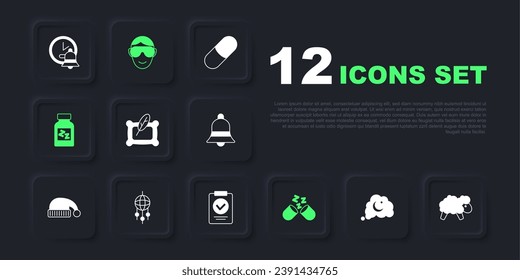 Set Dreams, Sheep, Pillow, Sleeping pill, catcher with feathers, Eye sleep mask and Medical prescription icon. Vector