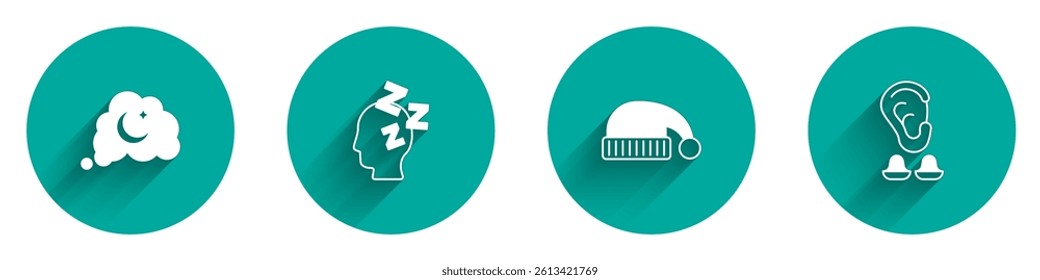Set Dreams, Sleeping hat and Earplugs and ear icon with long shadow. Vector