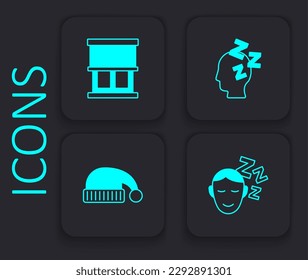 Set Dreams, Window with curtains,  and Sleeping hat icon. Black square button. Vector
