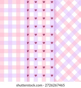 Conjunto de patrón sin costuras Gingham pastel de ensueño. colección de fondo a cuadros. Patrón de cuadros mínimos en rosa y violeta para textiles y estampados.