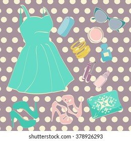 set of dress and accessories: little turquoise dress, shoes, sandals, bag (clutch), cosmetic (mascara, powder, foundation, perfume), phone and glasses. elements for design and fashion illustrations.