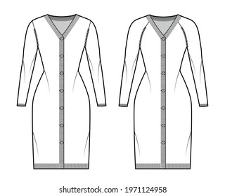 Set of dress Cardigans Sweater technical fashion illustration with rib V- neck, long raglan sleeves, button closure, slim fit, knit trim. Flat apparel front, back, white color. Women, men CAD mockup