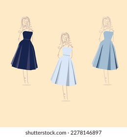 Set of dress dresses in difference colour blue theme design. Collection of dress silhouette. 
