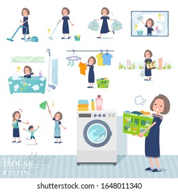 A set of dress fashion women related to housekeeping such as cleaning and laundry.There are various actions such as child rearing.It's vector art so it's easy to edit.
