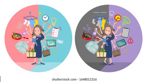 A set of dress fashion women who perform multitasking in offices and private.There are things to do smoothly and a pattern that is in a panic.It's vector art so it's easy to edit.
