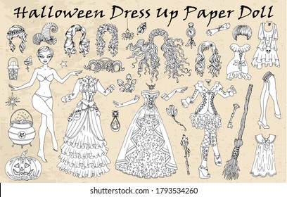 Set of dress up paper doll with Halloween witch clothes, pumpkin, broom, pot.  Hand drawn vector illustration for games, coloring page with body template, haircut and costumes to cut out