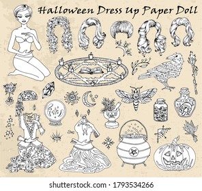 Set von Kleidung auf Papier Puppe mit Halloween Hexenkostümen, Krähen, Motte und Kürbis.  Handgezeichnete Vektorgrafik für Spiele, Farbseite mit Körpervorlage, Haarschnitt und Kleidung zum Ausschneiden