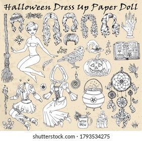 Set von Kleidung up Papier Puppe mit Halloween Hexenkleidung, Krähe, Besen und beängstigenden Objekten. Handgezeichnete Vektorgrafik für Spiele, Farbseite mit Körpervorlage, Haarschnitt und Kostüme zum Ausschneiden