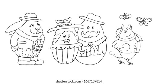 Set of dressed characters: rabbit gentleman, easter eggs couple, chicken and butterfly. Happy Easter. Coloring page. Vector hand drawn illustrations set. Black and white isolated on white background.