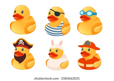 Set of dressed duck. Cute yellow rubber duck. Pirate, captain, rabbit, or firefighter costumes. Cartoon child toy for bath. Vector illustration isolated on white background