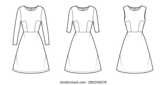 Set of Dresses A-line technical fashion illustration with long elbow short sleeves sleeveless, fitted body, knee length skirt. Flat apparel front, white color style. Women, men unisex CAD mockup