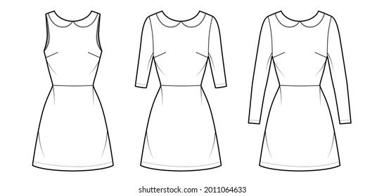 Set Of Dresses A-line Technical Fashion Illustration With Long Elbow Short Sleeves Sleeveless, Peter Pan Collar, Fitted Body, Above-the-knee Length. Flat Apparel Front, White Color Style. Women CAD