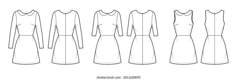 Set Of Dresses A-line Technical Fashion Illustration With Long Short Sleeves, Peter Pan Collar, Fitted Body, Above-the-knee Length. Flat Apparel Front, Back, White Color Style. Women, Men CAD Mockup