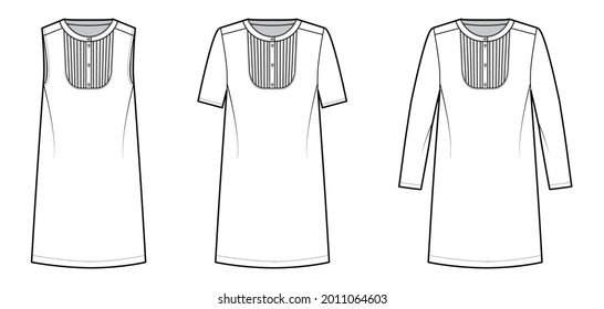 Set of Dresses bib pintucked technical fashion illustration with long short sleeves, oversized, henley neckline, knee length pencil skirt. Flat apparel front, white color. Women, men unisex CAD mockup