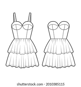 Set Of Dresses Bustier Technical Fashion Illustration With Sleeveless, Strapless, Fitted Body, Mini Length Ruffle Tiered Skirt. Flat Apparel Front, White Color Style. Women, Men Unisex CAD Mockup