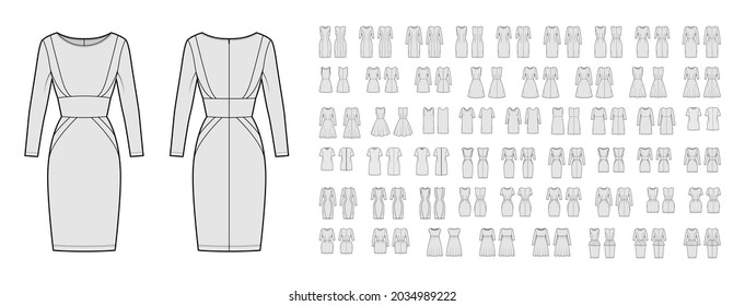 Set of Dresses casual technical fashion illustration with long short elbow sleeves, oversized fitted body, knee mini length skirt. Flat apparel front, back, grey color. Women men unisex CAD mockup
