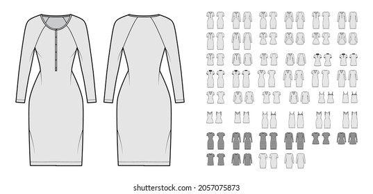 Set of Dresses casual technical fashion illustration with cami, henley, polo, round V-neckline, pouch, oversized fitted. Flat apparel front, back, white, grey color style. Women men unisex CAD mockup