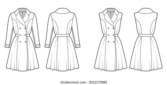 Juego de Dreses abrigo trench ilustración técnica de moda con pechos dobles, manga larga, cuerpo montado, longitud de rodilla. Delantero de ropa plana, espalda, color blanco. Mujeres, hombres unisex CAD mockup