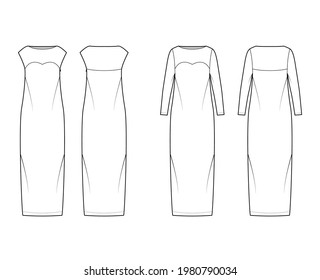 Set Of Dresses Column Technical Fashion Illustration With Long Sleeves, Sleeveless, Fitted Body, Floor Maxi Length Pencil Skirt. Flat Evening Front, Back, White Color Style. Women, Unisex CAD Mockup