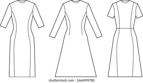 Conjunto de vestidos con diferentes relieves y longitud de mangas. Dibujos planos de uniforme clásico de oficina. Color fácil