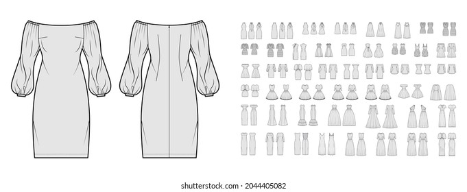 Set of Dresses evening wedding technical fashion illustration with tube off-the-shoulder neckline, knee mini maxi midi length skirt. Flat apparel front, back, grey color style. Women unisex CAD mockup