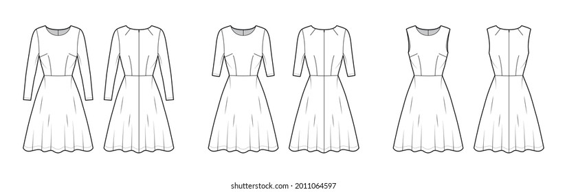 Set of Dresses flared skater technical fashion illustration with long sleeves, fitted body, knee length semi-circular skirt. Flat apparel front, back, white color style. Women, men unisex CAD mockup