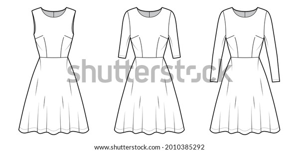 Set of Dresses flared skater technical fashion\
illustration with long sleeves, fitted body, knee length\
semi-circular skirt. Flat apparel front, white color style. Women,\
men unisex CAD mockup