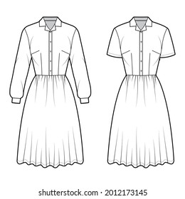 Set of Dresses house shirt technical fashion illustration with long short sleeves, knee length full skirt, classic henley collar. Flat apparel front, white color style. Women, men unisex CAD mockup