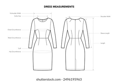 Set of Dresses Measurements styles - Circumference, Length, Width, Size, Chest Waist and Hip technical fashion illustration. Flat dress apparel template front, back view. Women men CAD mockup isolated