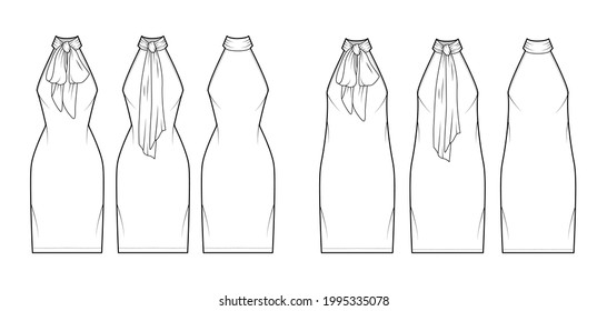 Set of Dresses neck bow technical fashion illustration with halter neckline, sleeveless, oversized fitted body, knee length pencil skirt. Flat apparel front, back, white color style. Women, CAD mockup