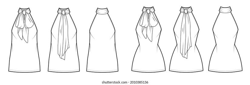 Set of Dresses neck bow technical fashion illustration with high halter neckline, oversized fitted body, mini length pencil skirt. Flat apparel front, back, white color style. Women, unisex CAD mockup