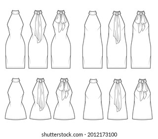 Set of Dresses neck bow technical fashion illustration with high halter neckline, sleeveless, knee mini length pencil skirt. Flat apparel front, back, white color style. Women, men unisex CAD mockup