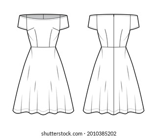 Set of Dresses off-shoulder Bardot technical fashion illustration with short sleeves, fitted body, knee length semi-circular skirt. Flat apparel front, back, white color style. Women, men CAD mockup