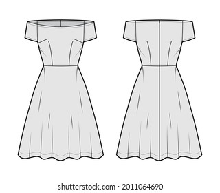 Set of Dresses off-shoulder Bardot technical fashion illustration with short sleeves, fitted body, knee length semi-circular skirt. Flat apparel front, back, grey color. Women, men unisex CAD mockup