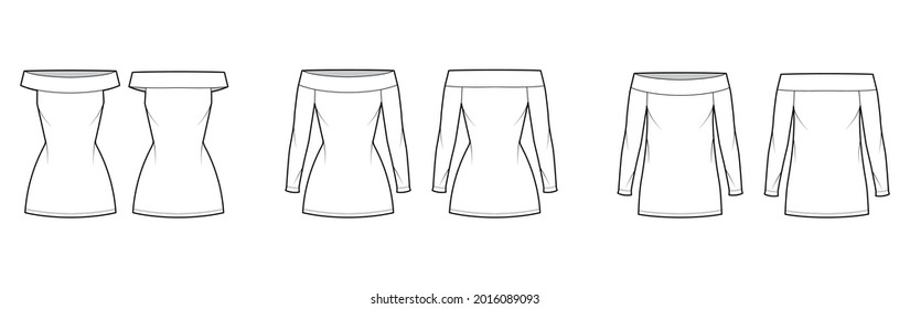 Set of Dresses off-the-shoulder Bardot technical fashion illustration with long short sleeve, knee mini length pencil skirt. Flat apparel front, back, white color style. Women, men unisex CAD mockup