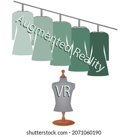 Set of dresses on a hanging hanger, tailor floor mannequin - vector Additional reality. Modern technologies. Internet business project. Sale