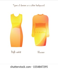 Set of dresses on a white background. Gradient color. Fashion style. 