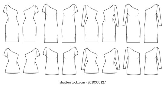 Juego de colchones un hombro ilustración técnica de moda con manga corta de codo largo, cuerpo montado sobredimensionado, longitud mini de rodilla. Delantera de ropa plana, espalda, color blanco. Mujeres, hombres unisex CAD mockup