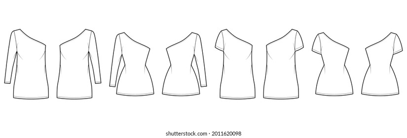 Set of Dresses one shoulder technical fashion illustration with long elbow short sleeve, oversized fitted body, mini length pencil skirt. Flat apparel front, back, white color. Women, men CAD mockup