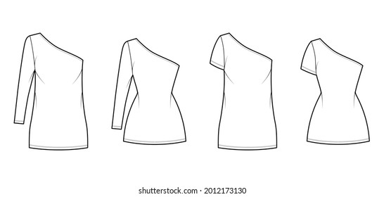 Set of Dresses one shoulder technical fashion illustration with long elbow short sleeve, oversized fitted body, mini length pencil skirt. Flat apparel front, white color. Women, men unisex CAD mockup