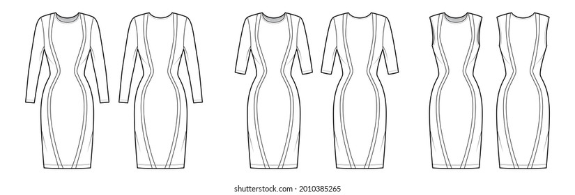 Set of Dresses panel technical fashion illustration with hourglass silhouette, elbow sleeve, fitted body, knee length pencil skirt. Flat apparel front, back, white color style. Women, men CAD mockup