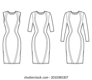 Set of Dresses panel technical fashion illustration with hourglass silhouette, elbow sleeve, fitted body, knee length pencil skirt. Flat apparel front, white color style. Women, men unisex CAD mockup