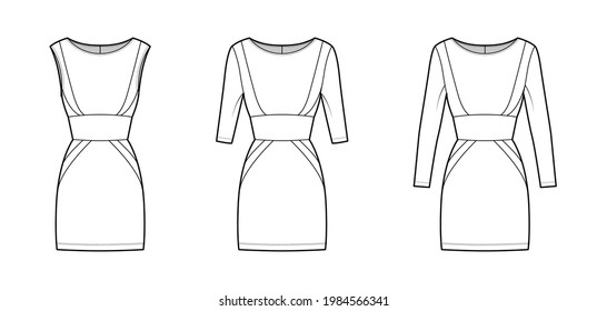 Set of Dresses panel tube technical fashion illustration with hourglass silhouette, long elbow sleeves, fitted body, mini knee length skirt. Flat apparel front, white color style. Women men CAD mockup