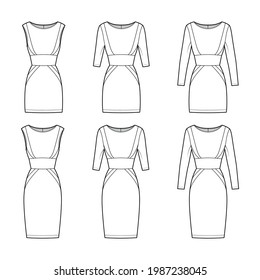 Set of dresses panel tube technical fashion illustration with hourglass silhouette, long sleeves, fitted body, mini knee length skirt. Flat apparel front, white color style. Women, unisex CAD mockup